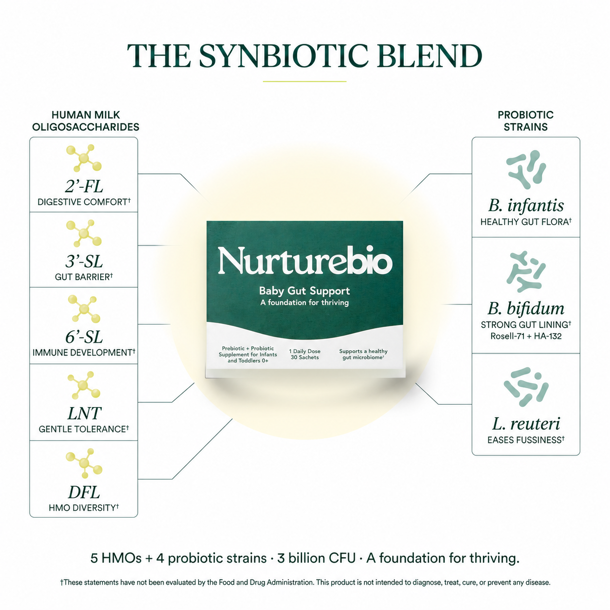 An infographic titled 'THE SYNBIOTIC BLEND' centered on a Nurturebio Baby Gut Support box, with callouts listing ingredients: human milk oligosaccharides, 2'-FL, 3'-SL, 6'-SL, LNT, and probiotic strains B. infantis, B.